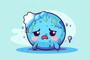Cute little earth mascot cry because dirty on light pastel blue background. Planet earth is sad and sick. Global infection. Save our house. Save the Earth. Earth Day. Global virus, generative AI