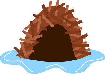 Vector illustration of cartoon beaver lodge isolated on white background. - obrazy, fototapety, plakaty