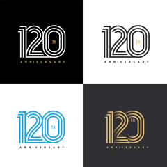 120 years anniversary vector number icon, birthday logo label, black, white and colors with stripe number