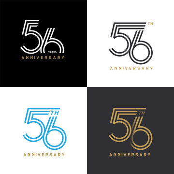 56 years anniversary vector number icon, birthday logo label, black, white and colors with stripe number