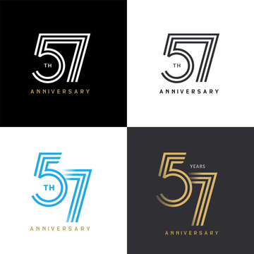 57 years anniversary vector number icon, birthday logo label, black, white and colors with stripe number