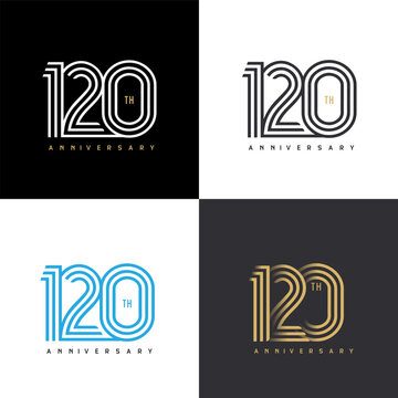 120 years anniversary vector number icon, birthday logo label, black, white and colors with stripe number