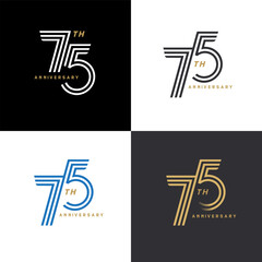 75 years anniversary vector number icon, birthday logo label, black, white and colors with stripe number - obrazy, fototapety, plakaty