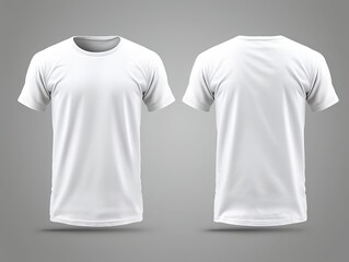 White short sleeve t shirt front and back view, isolated on grey background. Ready for your mock up design template. Generative AI