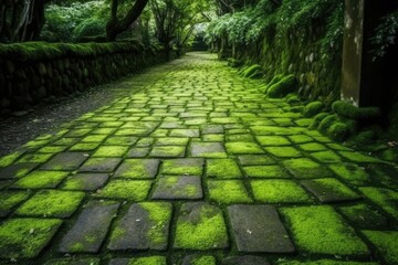 mossy stone path leading through a forest Generative AI
