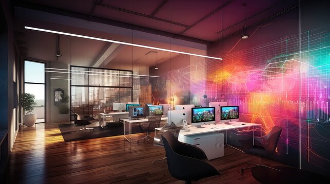 Modern Working Space with bright neon background