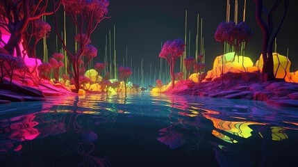 Neon 3d Landscape Neon Terrain Swamp Metavarse Virtual World with trees water magical environment with a heavy aqua, yellow, and orange neon glow, 