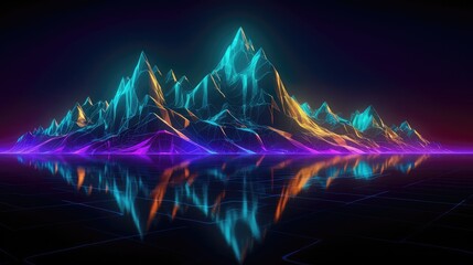Neon Mountains 3d Landscape inside Metavarse Virtual World with trees water magical environment with a heavy aqua, yellow, and orange neon glow, 