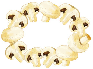 手描き水彩のホワイトマッシュルームイラスト長方形フレーム・楕円