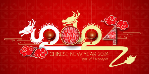 	
2024 Happy Chinese New Year. Chinese dragon gold zodiac sign on red background, new year celebration concept for greeting card, banner and template.