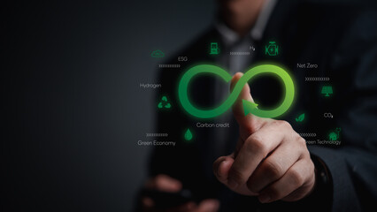 Hand human touching circulating in an endless cycle sustainable environment economy icon, concept...