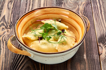 delicious dumplings in a deep dish