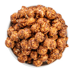 Chocolate Popcorn in white paper cardboard bucket on white background, Chocolate Mushroom Popcorn on white PNG File.