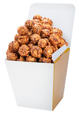 Chocolate Popcorn in white paper cardboard bucket on white background, Chocolate Mushroom Popcorn on white PNG File.