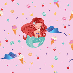 Sweet seamless vector pattern design. Cute mermaid is eating ice cream, with her cute friend stingray. Vector illustration for kids fashion artworks, greeting cards, t-shirt prints, wallpapers.