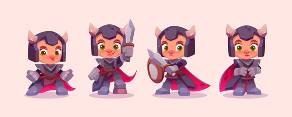 Set of cute knight with shield and sword. Vector kid imagination character. Hero in helmet and armor for medieval rpg game. Isolated cartoon clipart for creative storytelling about prince.