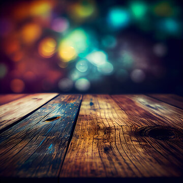 Creative interior concept. Empty rustic painted wooden table top with colourful blur light bokeh background. Template for product presentation display. Mock up 3D rendering	
