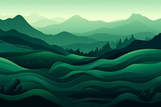 Abstract Green Nature Landscape With Mountains And Hills Background Minimalistic Illustration. Generative AI