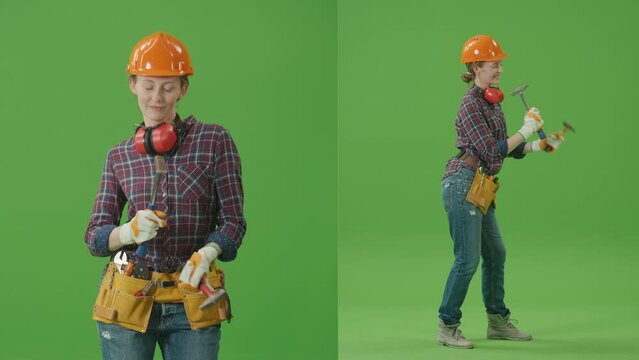 2-in-1 Split Green Screen Collage:Young Female Industrial Specialist in Checkered Shirt,Safety Helmet, Leather Tool Belt Having Fun Dancing with 2 Hammers.Multiple Angle Best Value Pack