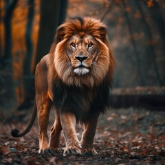 Fototapeta na wymiar Lion walking through the woods