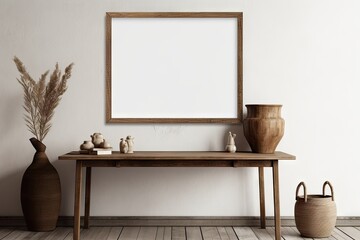 Modern Wooden Table with Empty White Picture Frames. Blank Mockup for Home Decor. Interior Design Background with Copy Space. Generative AI illustrations.