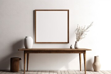 Modern Wooden Table with Empty White Picture Frames. Blank Mockup for Home Decor. Interior Design Background with Copy Space. Generative AI illustrations.