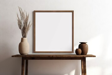 Modern Wooden Table with Empty White Picture Frames. Blank Mockup for Home Decor. Interior Design Background with Copy Space. Generative AI illustrations.