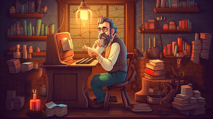ilustração de um senhor mexendo em uma máquina antiga de escrever com livros por todos os lados