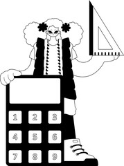 Energized lady with calculator and ruler. Learning point. Dim and white line craftsmanship. Trendy style, Vector Illustration