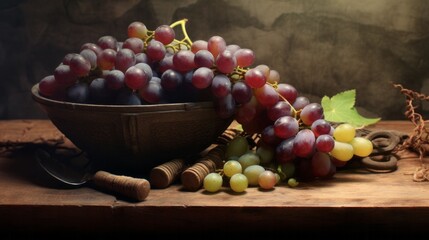 A bowl of grapes in a rustic setting. Generative AI