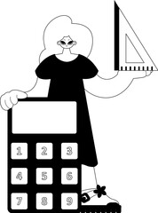 Energized woman with calculator and ruler. Learning point. Dim and white line craftsmanship. Trendy style, Vector Illustration