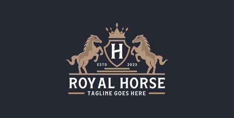 Luxury royal horse logo design vector template, Retro gold crest with shield and two horses. Can be used as a logo - obrazy, fototapety, plakaty