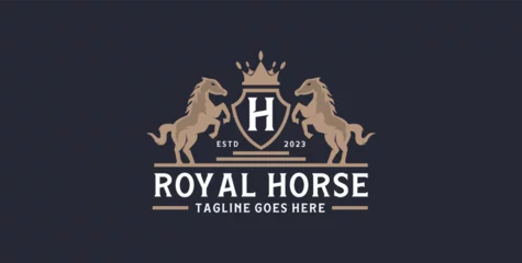 Fotobehang Luxury royal horse logo design vector template, Retro gold crest with shield and two horses. Can be used as a logo © i.d99d