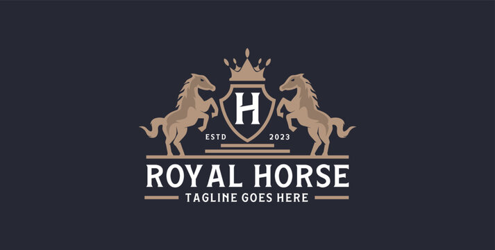 Luxury royal horse logo design vector template, Retro gold crest with shield and two horses. Can be used as a logo