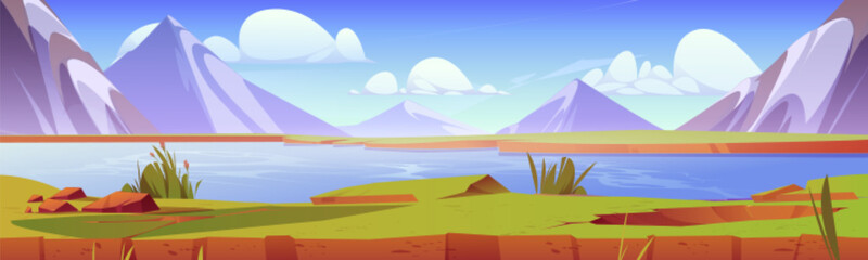 Mountain landscape with blue river. Vector cartoon illustration of beautiful rocky range, green grass, flowers on bank, calm water under sunny sky with clouds. Summer vacation scene, game background