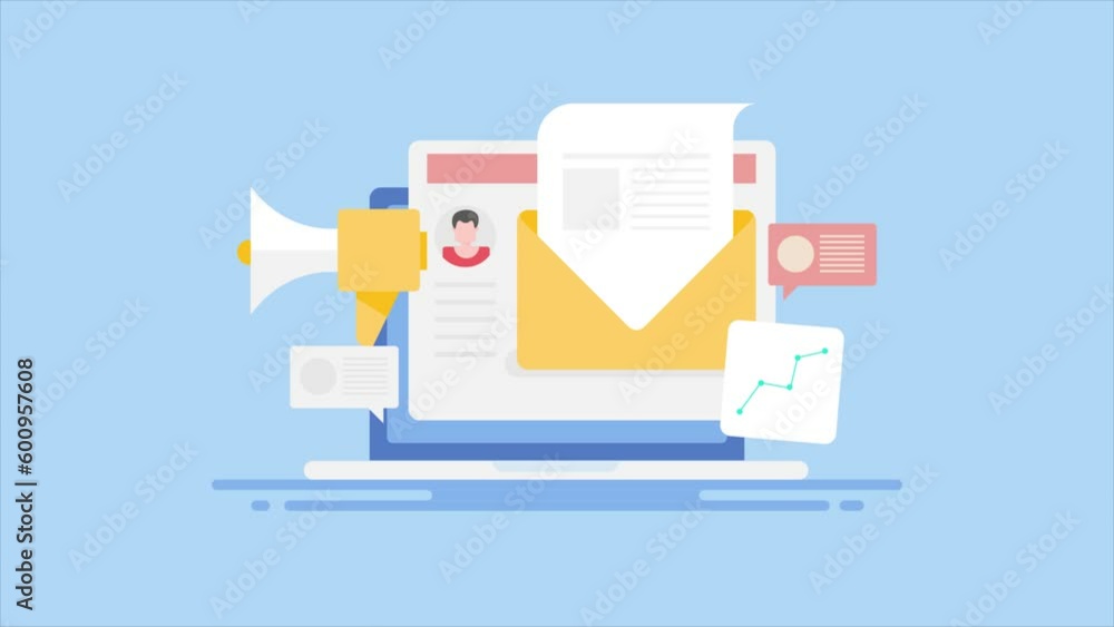 Sticker email writing dashboard with open newsletter on laptop screen indicating audience outreach and digit