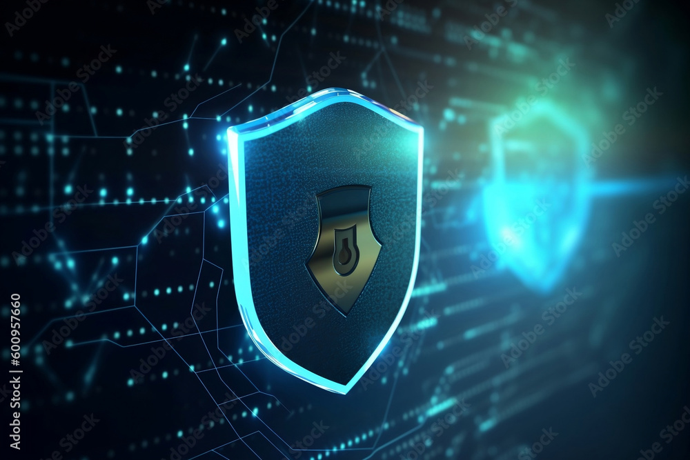 Poster concept of cyber security designed as lock on defensive shield generative ai