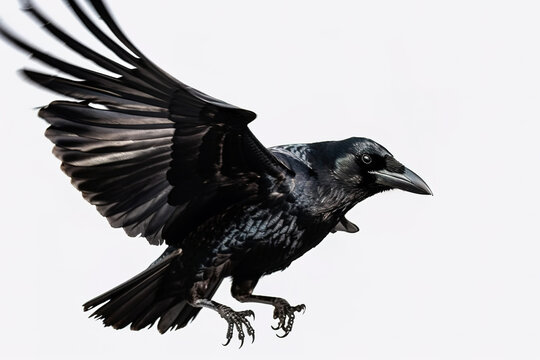 Image of a crow is flapping its wings on a white background. Wild Animals. Birds. Illustration. Generative AI.