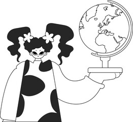 The young lady with the globe. Learning subject. Dark and white line craftsmanship. Trendy style, Vector Illustration