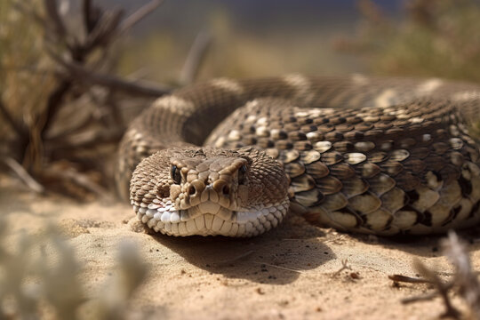Image of rattlesnake on the sand. Reptile. Wild Animals. Illustration. Generative AI.