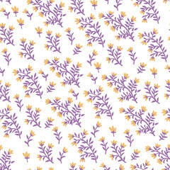 Stylish, delicate, romantic, fashionable pattern with small elements of plants on a light background. Seamless vector. Lots of yellow flowers on purple twigs.