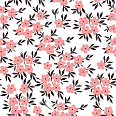 Seamless pattern of vector pink flowers and black leaves. Floral background of blooming flowers on a white background.