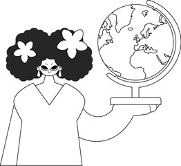 The energized woman with the globe. Learning subject. Hopeless and white line craftsmanship. Trendy style, Vector Illustration