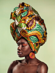Beauty, black woman and fashion cosmetics with African head wrap and makeup with mockup. Isolated,...