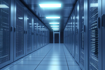 Fototapeta premium Corridor in server room of cybernetic data center generative ai