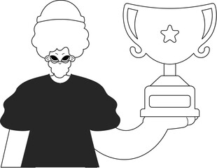 The individual holds the holder of the victor in his hands. Crippling and white line craftsmanship. Trendy style, Vector Illustration
