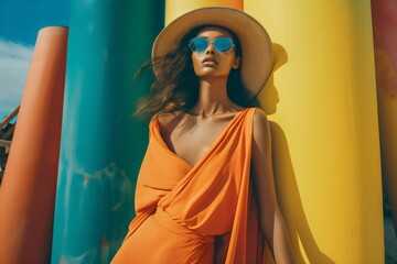 model wearing orange draped dress, hat and sunglasses in sun with colored pipe background, summer fashion editorial made with generative ai - obrazy, fototapety, plakaty