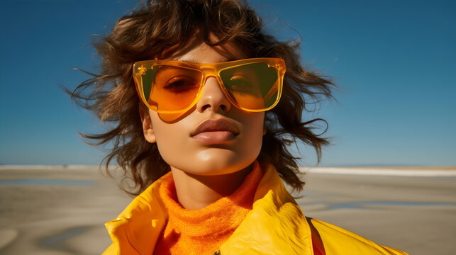 model wearing orange sunglasses on sandy beach with sun and wind, winter fashion editorial made with generative ai