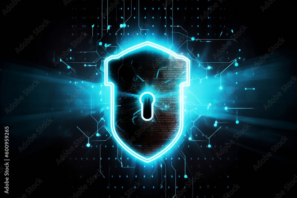 Poster concept of cyber security designed as lock on defensive shield generative ai