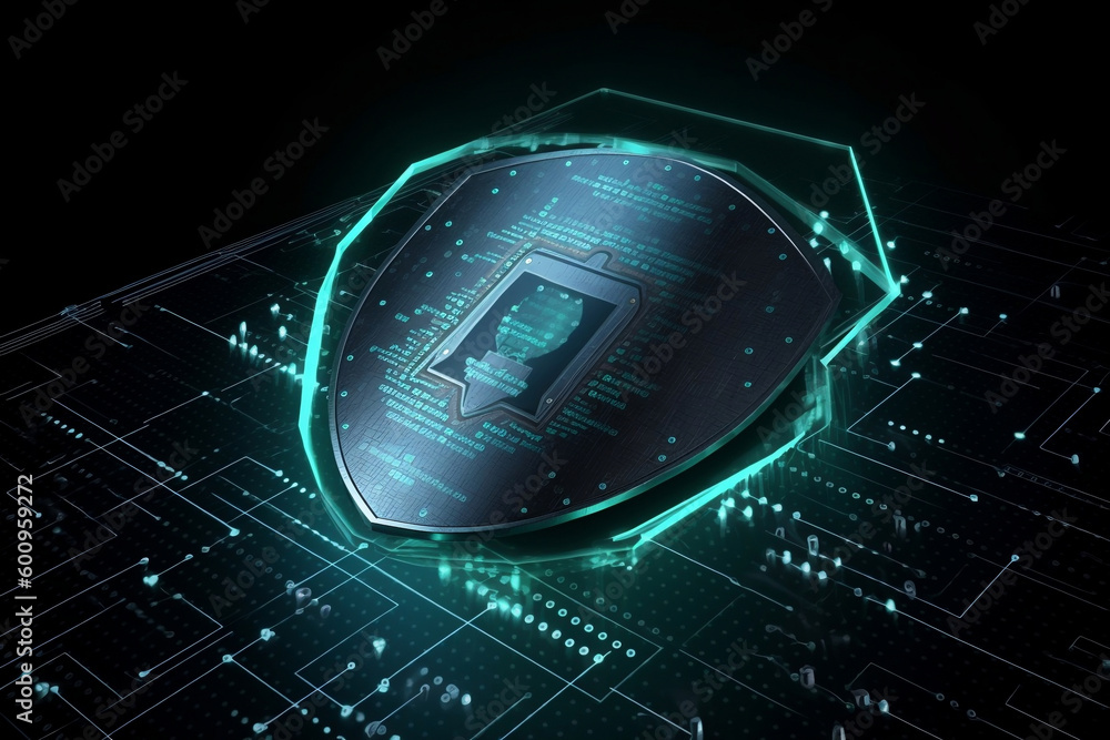 Poster concept of cyber security designed as lock on defensive shield generative ai